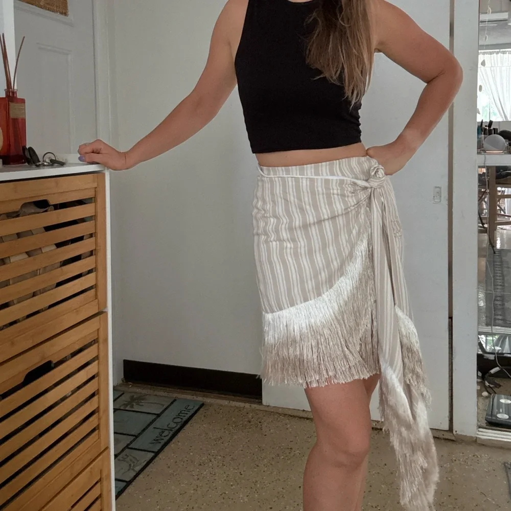 L'Academie Beige Asymmetrical Fringe Skirt - Picture 4 of 10